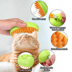 Steamy Brush for Pets, efficient pet grooming tool that uses steam to relax and detangle fur, providing a comfortable and soothing experience for your pet