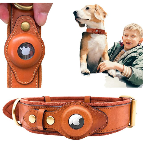 Leather AirTag Dog Collar, stylish and durable collar with built-in holder for AirTag for pet tracking