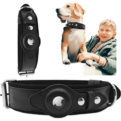 Leather AirTag Dog Collar, stylish and durable collar with built-in holder for AirTag for pet tracking